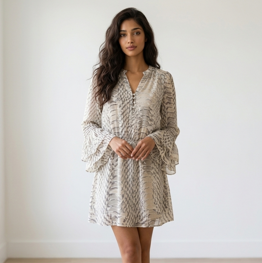 Parker Snake Print Silk Dress with Flared Sleeves & Ruffled Details Sz S